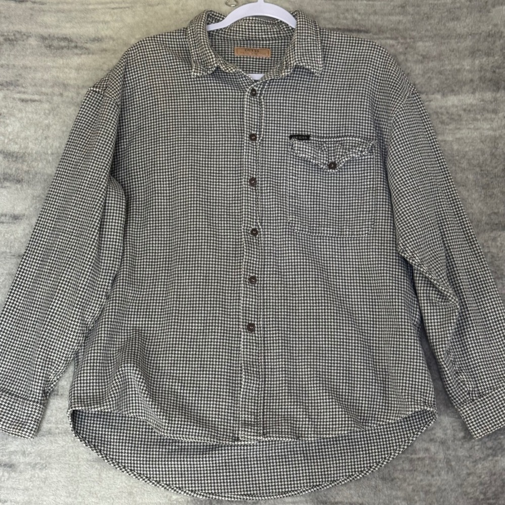 Vintage Guess Classic Sportswear Houndstooth Button Up Shirt Black White 147642